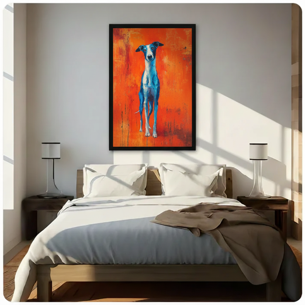Gallery-wrapped greyhound canvas print in living room — bold colorful dog wall art ready to hang