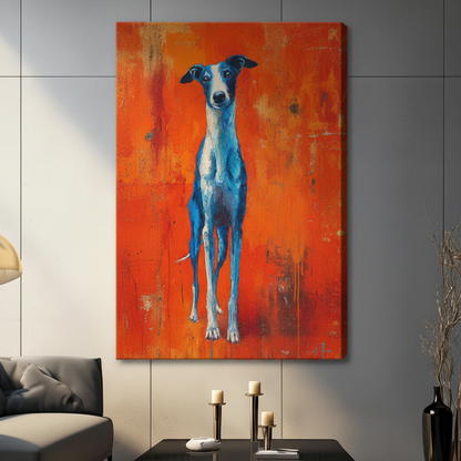 Greyhound canvas print in classic black wood frame — bold dog wall art for modern American living room