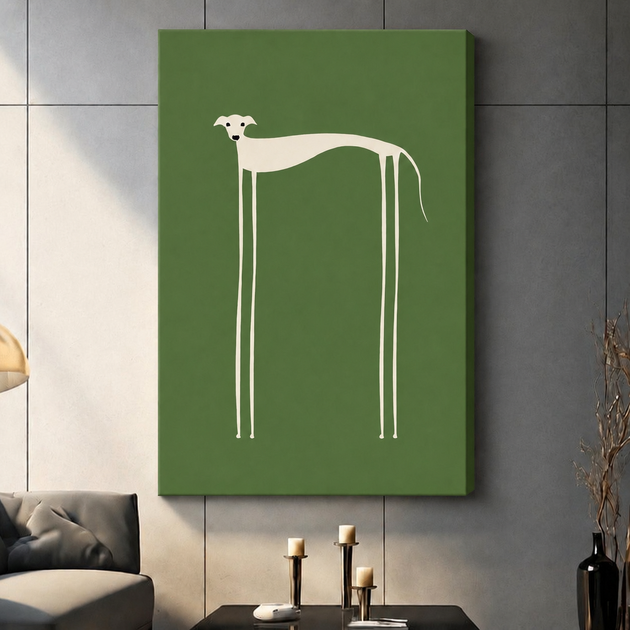 Frameless gallery wrap canvas of abstract greyhound illustration on olive green background