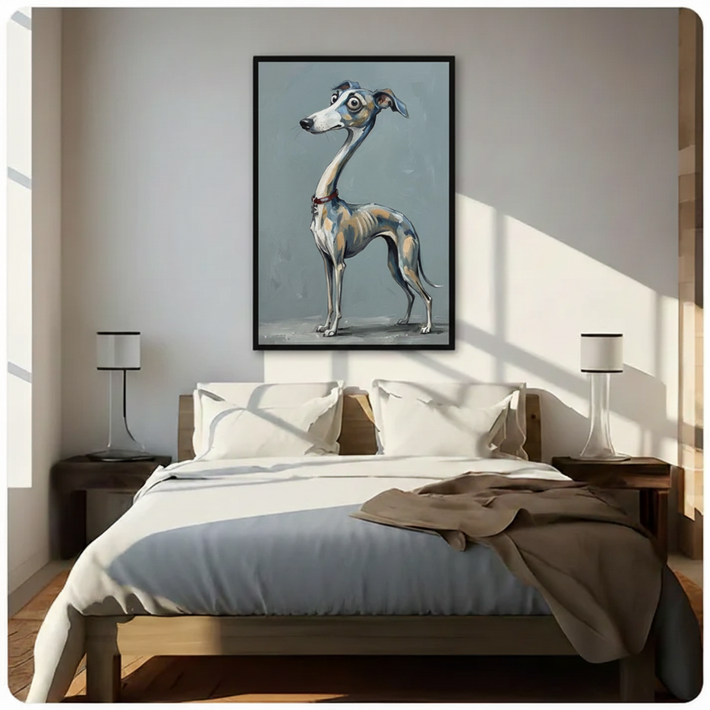Greyhound canvas wall art above bed in bedroom — whimsical sighthound portrait print for dog lover bedroom decor