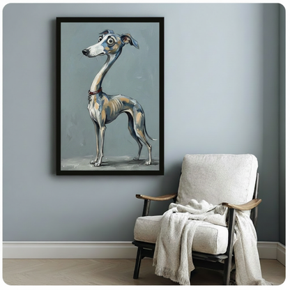 Black framed greyhound cartoon art print on grey wall beside white linen armchair — humorous dog lover wall decor