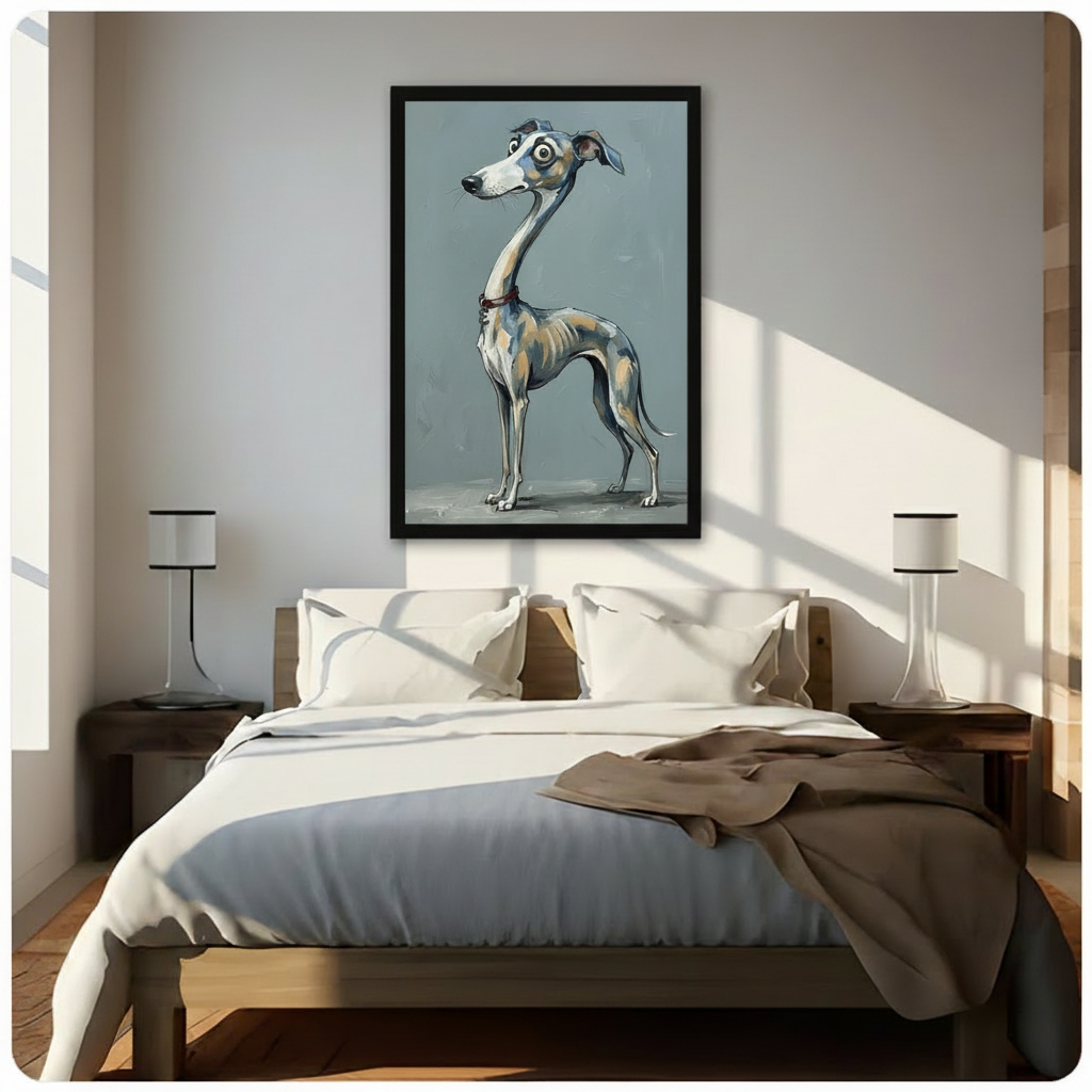 Black framed greyhound cartoon poster above bed in sunlit bedroom — whimsical dog illustration wall art for pet lovers