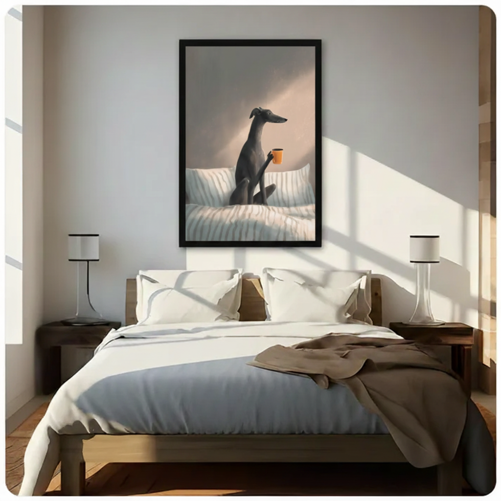 Greyhound holding coffee mug framed canvas wall art above bed in bright Scandinavian-style bedroom