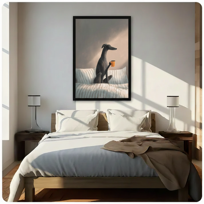 Greyhound holding coffee mug framed canvas wall art above bed in bright Scandinavian-style bedroom