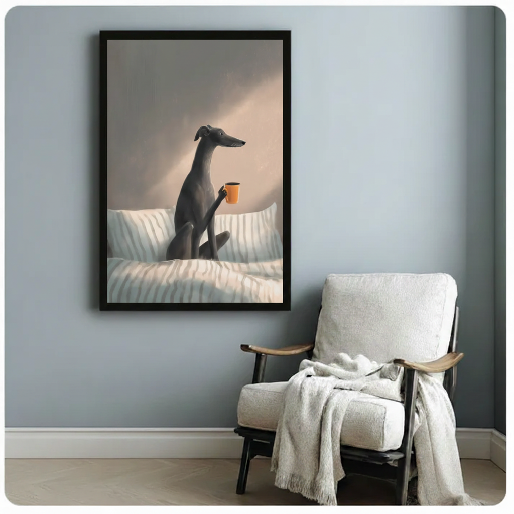 Greyhound morning coffee framed canvas art on blue-gray wall beside white armchair in cozy reading nook