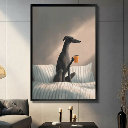 Greyhound holding coffee cup framed canvas wall art displayed in modern living room with gray wall
