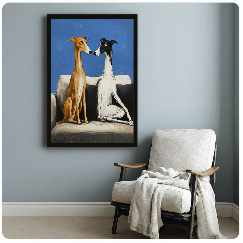 Pair of greyhounds on grey sofa canvas art in black frame, hung on blue-grey wall above white armchair in Scandinavian-style room