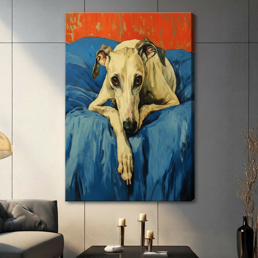 Stretched canvas print of a gentle greyhound dog lying on a vibrant blue couch, bold oil painting style with orange background, hung on grey wall in modern interior