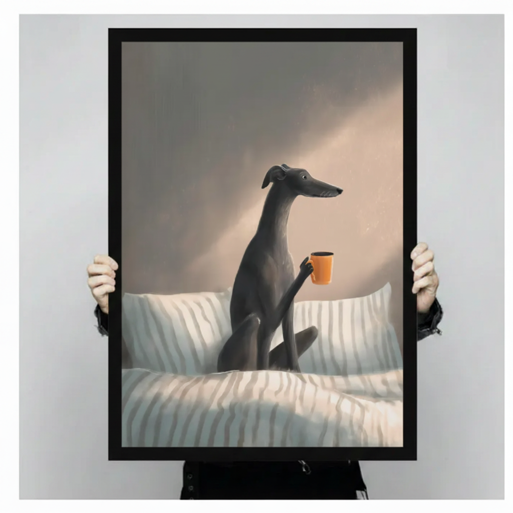 Hand-held close-up of greyhound with coffee cup framed canvas print showing premium black wood frame detail