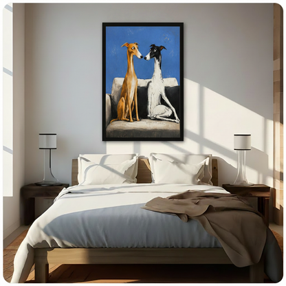 Two greyhound dogs on sofa wall art in black frame above bed, whimsical dog canvas print adding character to bright neutral bedroom