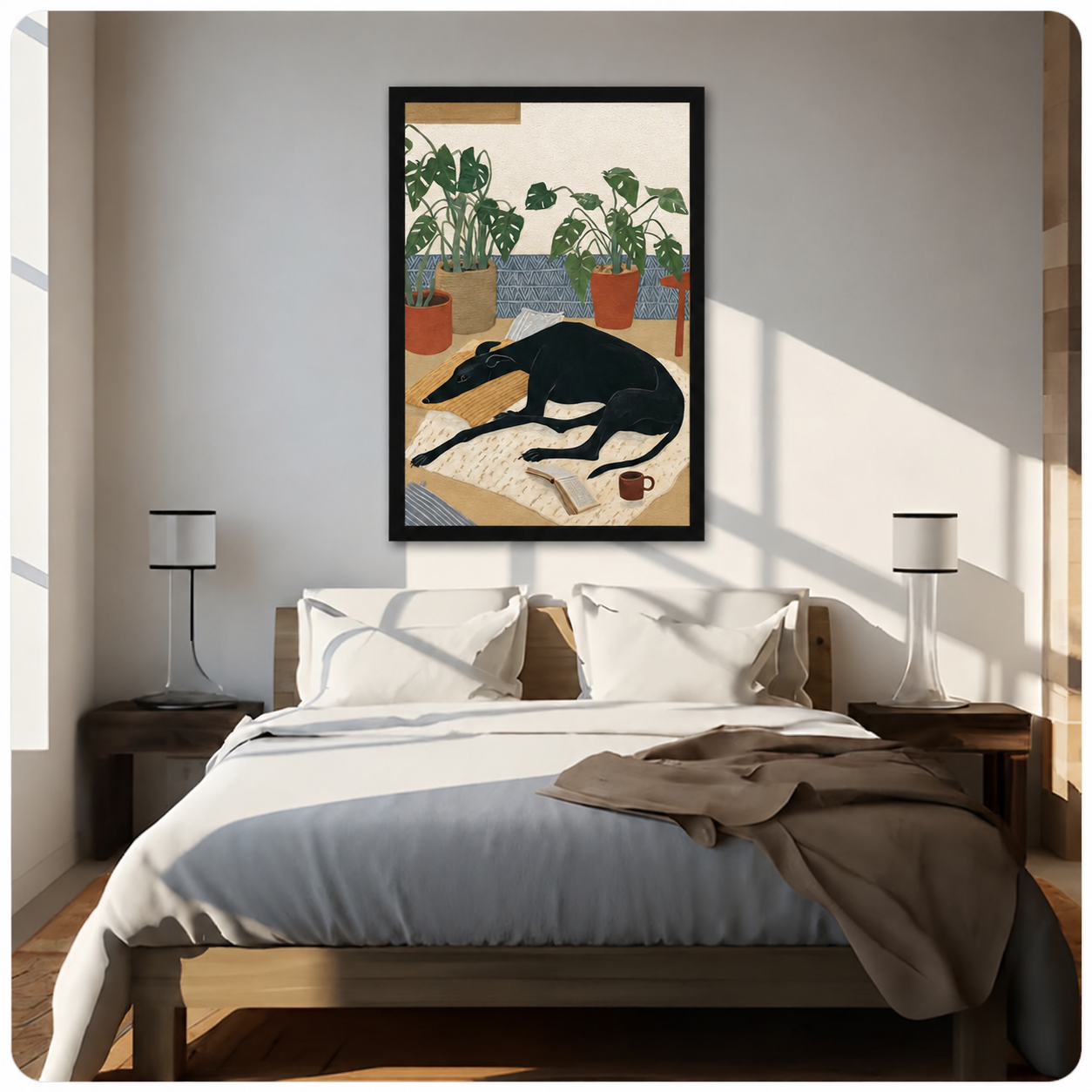 Black greyhound framed wall art above bed in sunlit bedroom, illustrated dog with potted monstera plants warm-toned print decor