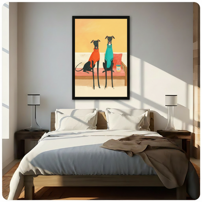 Framed greyhound duo illustration canvas hung above a bed in a sunlit minimalist bedroom, cheerful pet wall art in warm yellow and bold color palette