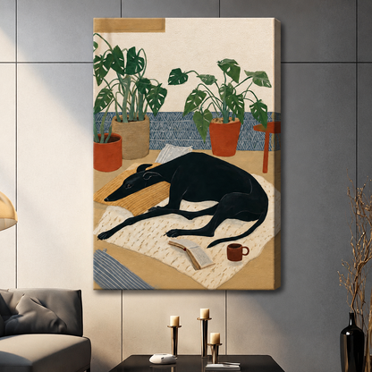 Frameless greyhound dog canvas print with monstera plant illustration, warm-toned boho wall art for contemporary living room decor