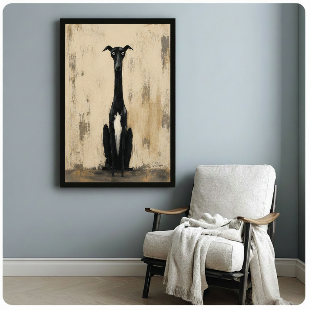 Black framed greyhound dog portrait art print with beige distressed background, styled beside white linen armchair in soft blue reading room