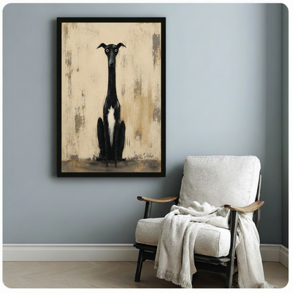 Black framed greyhound dog portrait art print with beige distressed background, styled beside white linen armchair in soft blue reading room