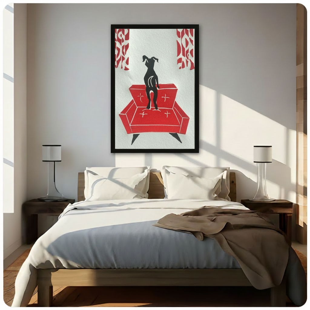 Minimalist greyhound silhouette on red retro sofa framed wall art hung above a bed in a bright sunlit bedroom with white bedding and wooden nightstands
