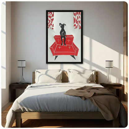 Minimalist greyhound silhouette on red retro sofa framed wall art hung above a bed in a bright sunlit bedroom with white bedding and wooden nightstands

