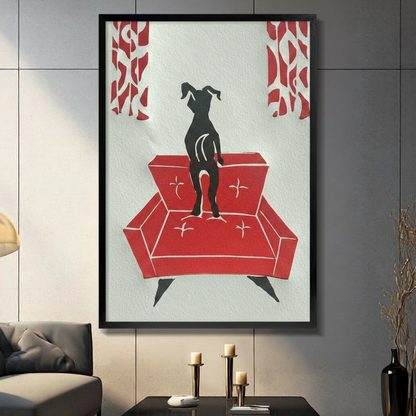 Minimalist black greyhound silhouette standing on a bold red mid-century sofa with red patterned curtains, framed wall art print in dark living room above console table with candles