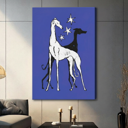 Canvas wrap wall art featuring white and black greyhound pair with stars on cobalt blue, gallery wrapped, hung on dark wall