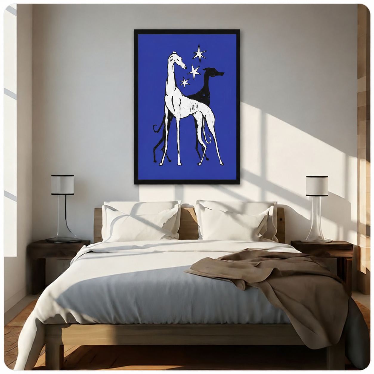  Large framed greyhound wall art in blue above bed, featuring minimalist black and white dog illustration with star motifs




