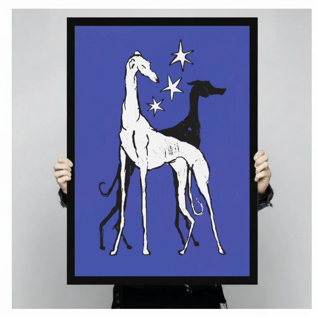 Hand-held black framed greyhound poster print showing white and black dog silhouettes on vivid royal blue background