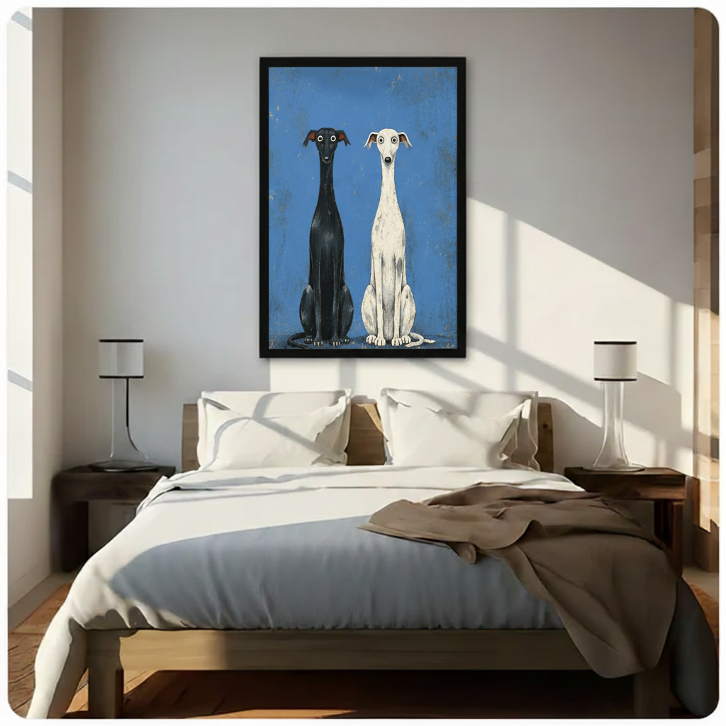 Black white greyhound duo canvas wall art hanging above bed in cozy bedroom with warm natural light