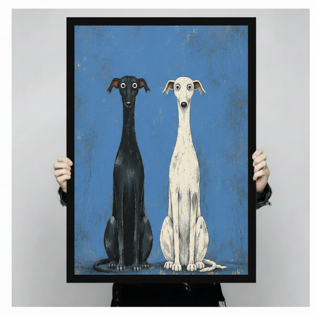 Framed greyhound duo canvas art held up close showing black wood frame depth and print detail