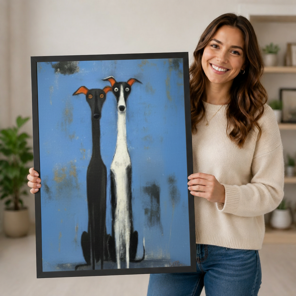 Woman holding large black framed greyhound duo folk art canvas print — two dogs blue background wall art gift for dog lovers