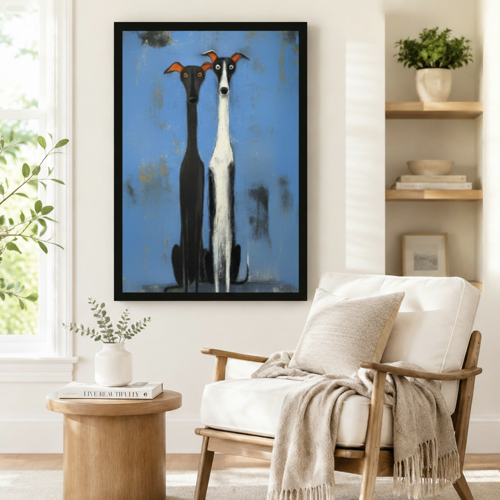 Black framed greyhound duo folk art canvas print beside window above wood armchair — whimsical dog wall art for eclectic home decor