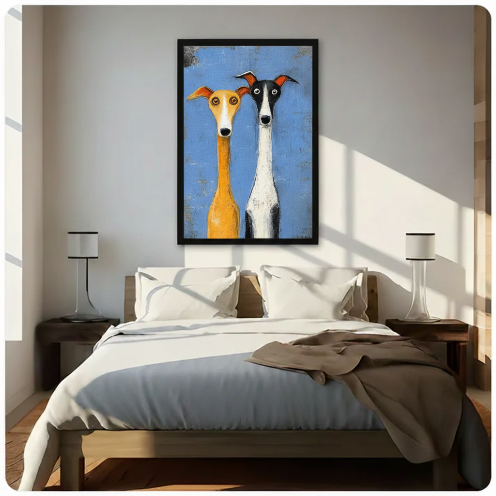 Two greyhounds folk art canvas print above bed on white wall — whimsical dog bedroom wall decor