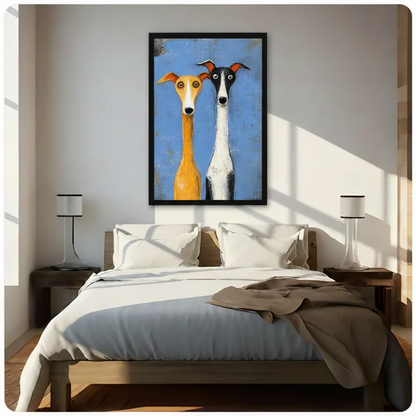 Two greyhounds folk art canvas print above bed on white wall — whimsical dog bedroom wall decor