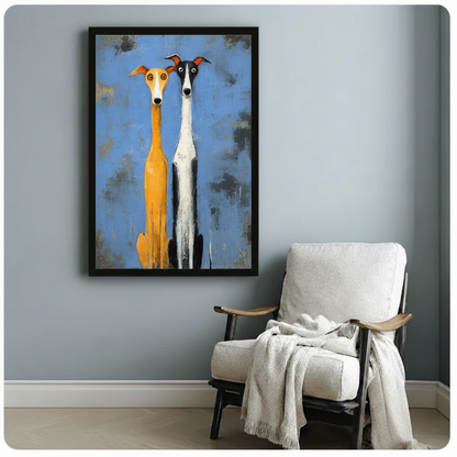 Whimsical greyhound canvas wall art in black frame on blue-gray wall beside white armchair — modern American interior