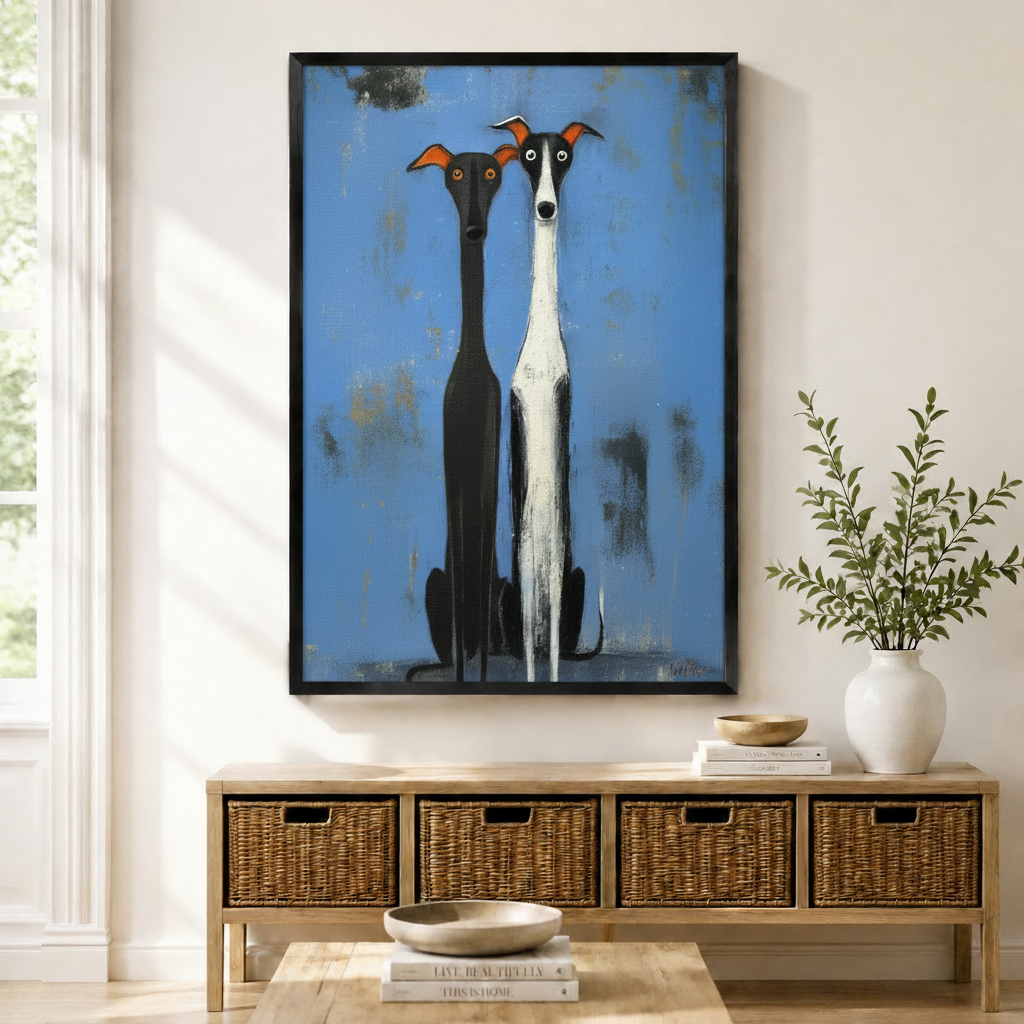 Whimsical greyhound duo folk art canvas print in black frame above wicker console — bold blue dog wall art for modern American living room