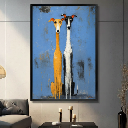 Whimsical greyhound duo folk art framed canvas print displayed against dark tile wall with candle decor