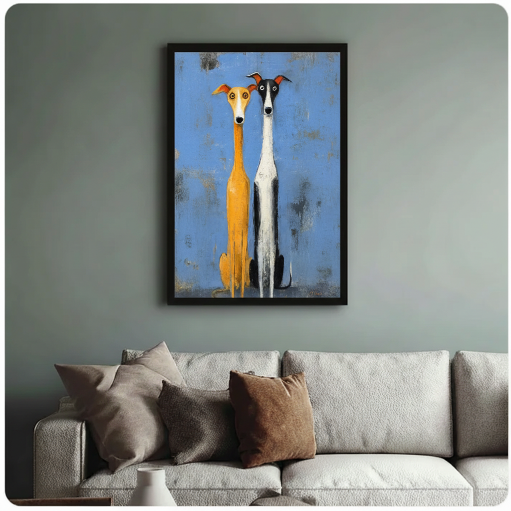 Greyhound pair folk art framed canvas print on sage green wall above light sofa — eclectic dog lover home decor