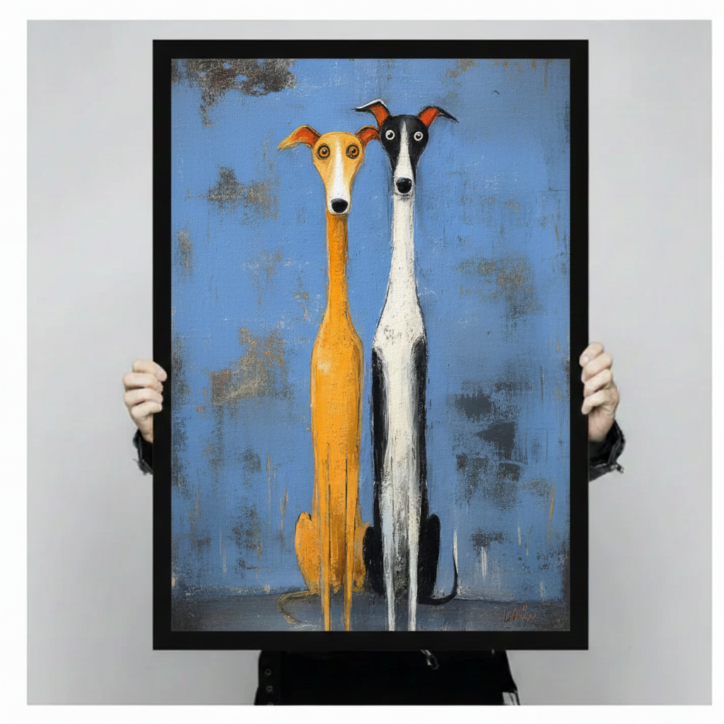 Hands holding greyhound duo folk art framed canvas print — premium dog wall art gift for dog lovers