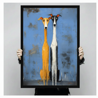 Hands holding greyhound duo folk art framed canvas print — premium dog wall art gift for dog lovers