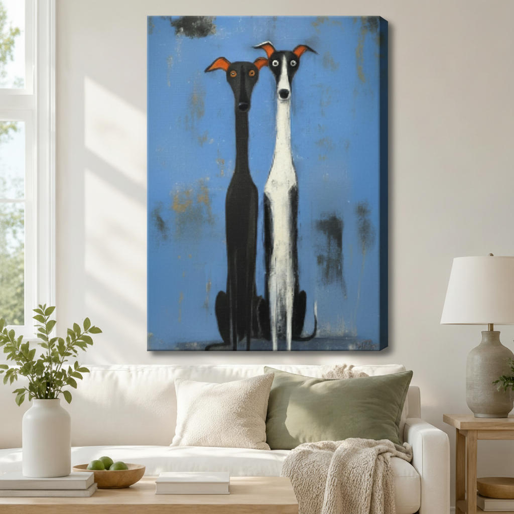 Frameless gallery-wrap greyhound duo folk art canvas above white sofa with sage green cushions — expressive dog portrait wall art with visible side depth