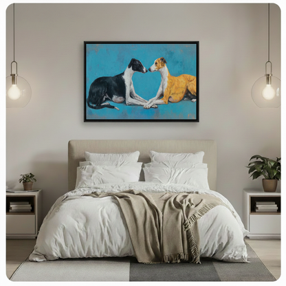Greyhound pair oil painting framed canvas above bed in neutral bedroom — elegant pet portrait art print