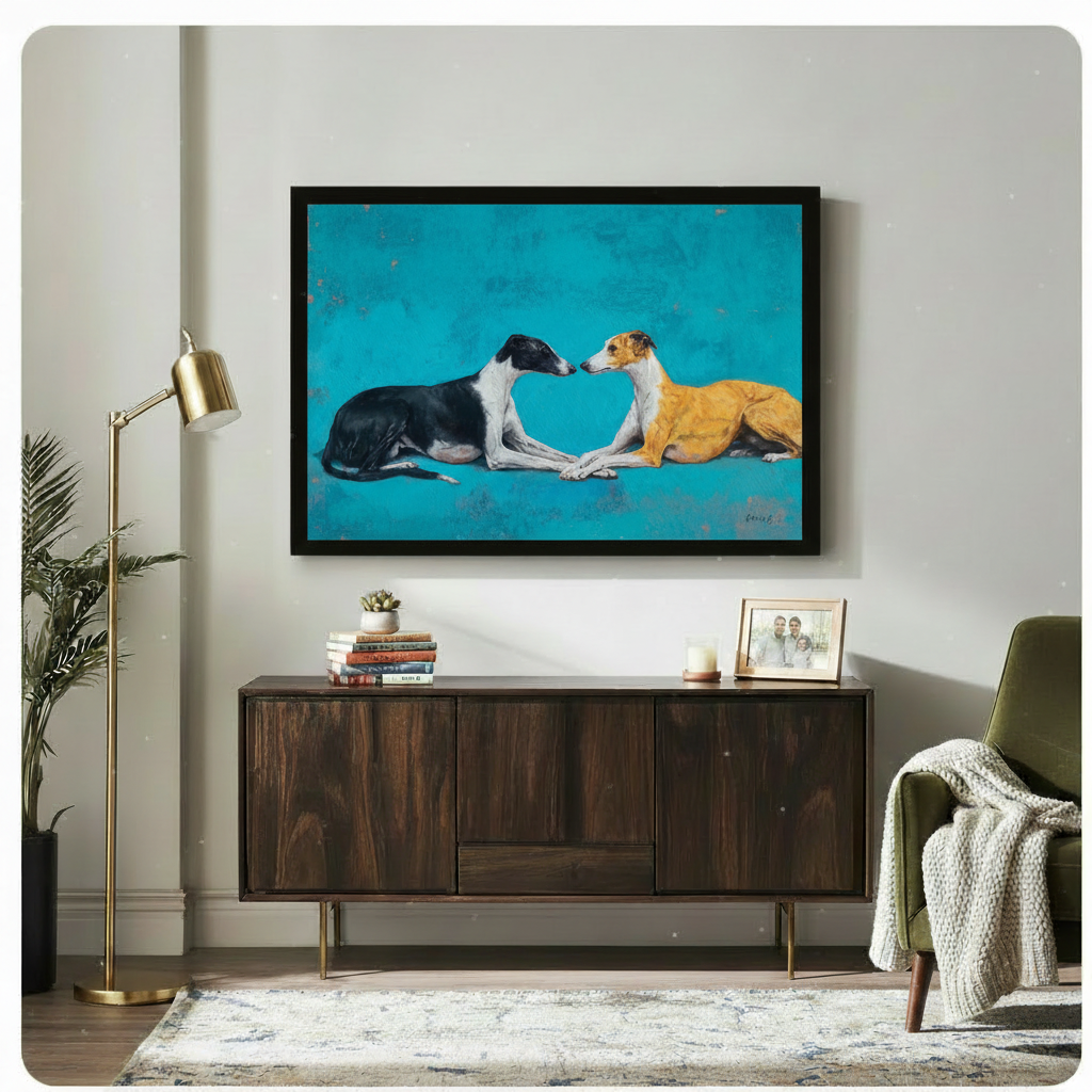 Greyhound duo oil painting framed canvas on gray tile wall with candles — premium pet portrait wall art