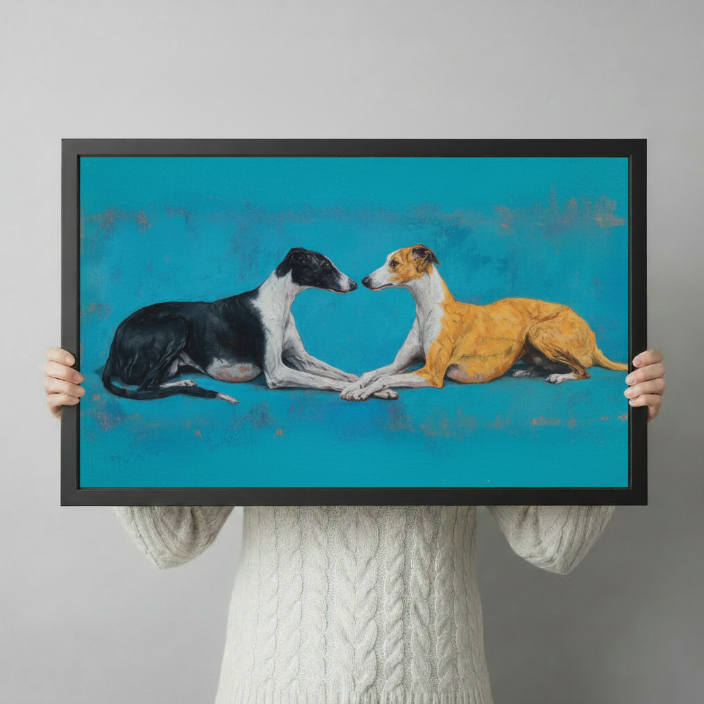 Hand-held black framed canvas print featuring greyhound duo oil painting — horizontal dog lover wall decor