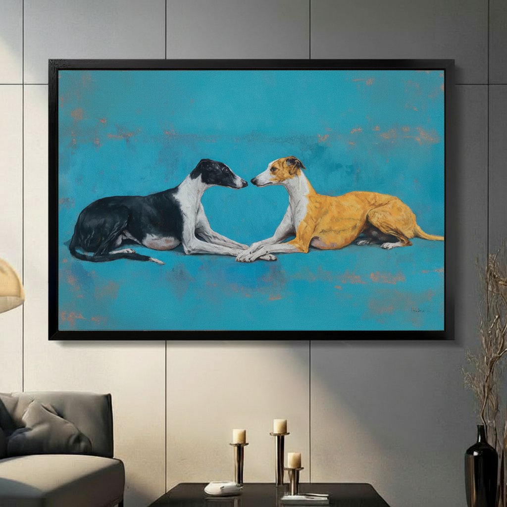 Two greyhounds face-to-face framed canvas print above dark sideboard in modern living room — teal blue dog wall art