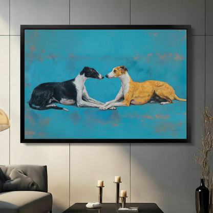 Two greyhounds face-to-face framed canvas print above dark sideboard in modern living room — teal blue dog wall art