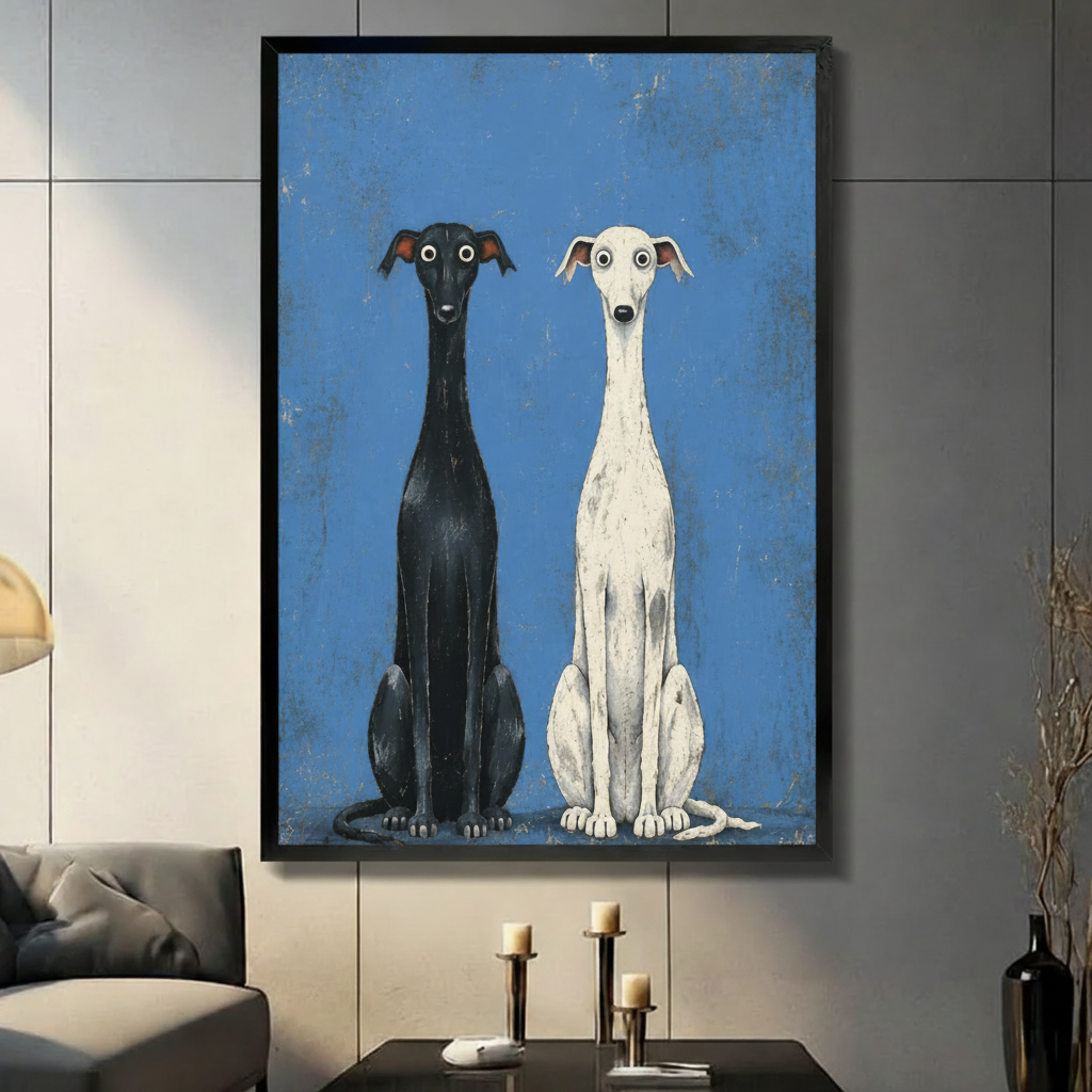 Whimsical black and white greyhound duo framed canvas art on gray tile wall in modern living room
