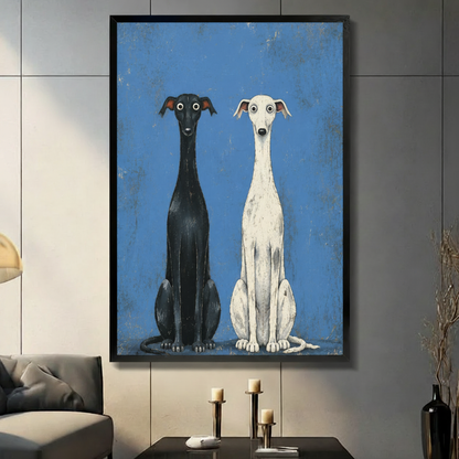 Whimsical black and white greyhound duo framed canvas art on gray tile wall in modern living room

