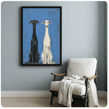 Quirky greyhound dog duo canvas print in black frame beside white armchair minimalist Scandinavian decor