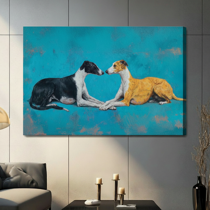 Greyhound duo gallery wrap stretched canvas on gray wall — frameless teal blue dog oil painting wall art