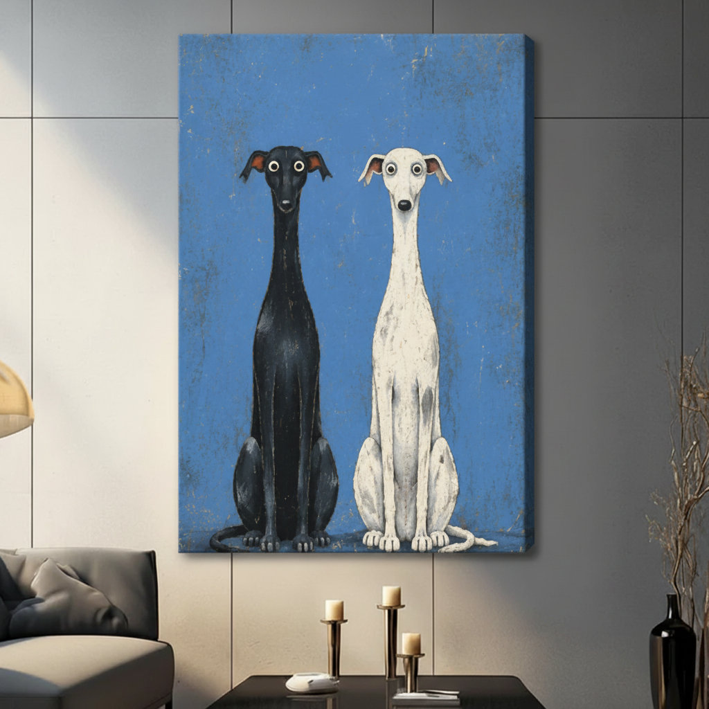 Black white greyhound pair stretched canvas wall art gallery wrap style in contemporary living room