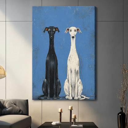 Black white greyhound pair stretched canvas wall art gallery wrap style in contemporary living room