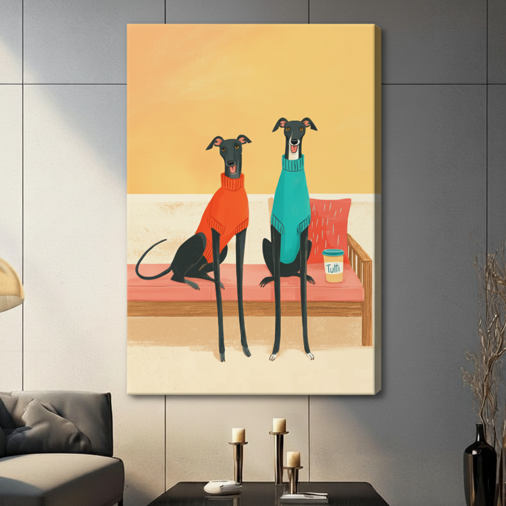 Gallery wrapped canvas print of two playful greyhounds in orange and teal sweaters beside a sofa, fun pet illustration wall art for contemporary living spaces